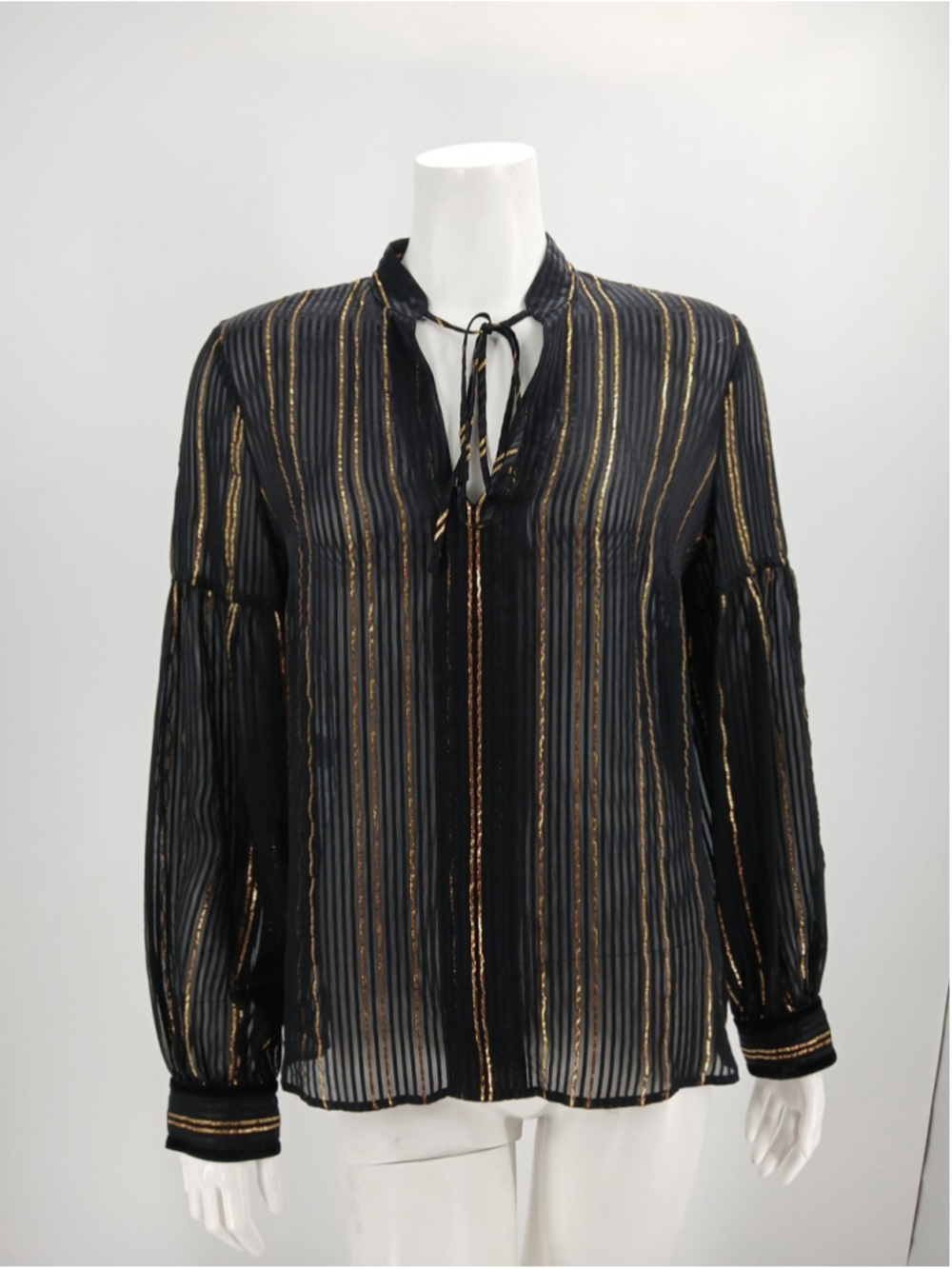 Derek Lam 10 Crosby Top Womens Size 8 Black Gold Metallic Stripes Sheer Silk